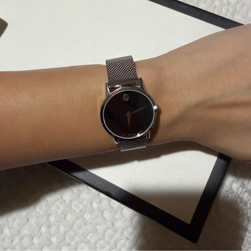 MOVADO Silver Mesh Strap Watch with Black Dial